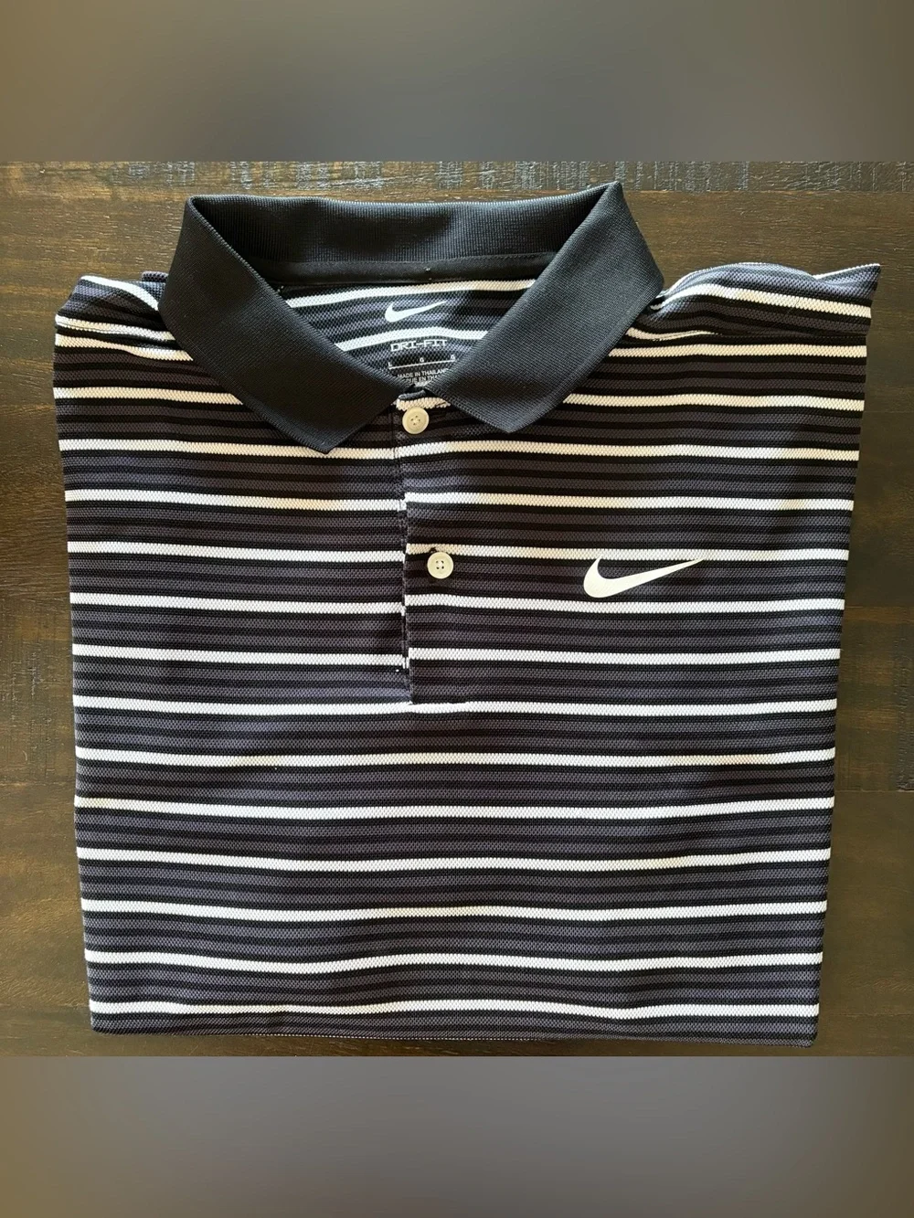 Men’s L Nike Black And White Horizontal Striped Golf Dri Fit Short Sleeve Polo